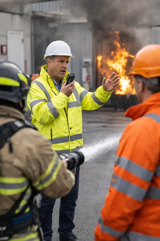 Veiligheidstraining met noodscenario waarbij hulpverleners brandincident oefenen