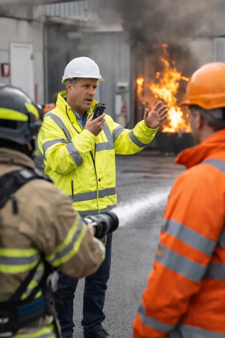Veiligheidstraining met noodscenario waarbij hulpverleners brandincident oefenen