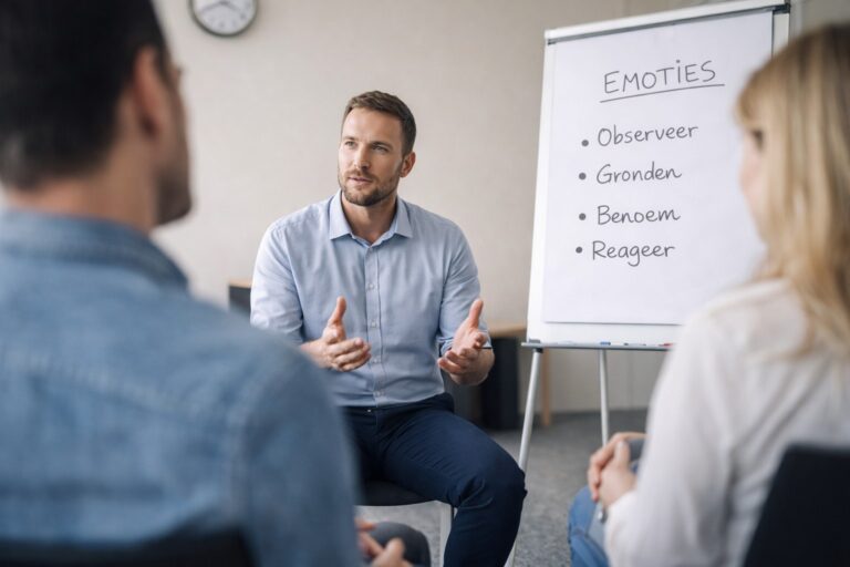 Trainer bespreekt emotieregulatie met deelnemers tijdens een professionele agressie regulatie training in een rustige trainingsruimte.