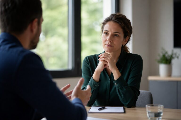 Professioneel gesprek tussen twee personen in een rustige kantooromgeving waarbij één persoon aandachtig luistert en de ander spreekt