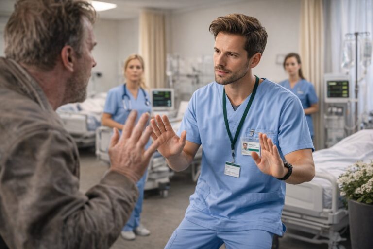 Zorgmedewerker blijft rustig en stelt grenzen tijdens gespannen gesprek met patiënt in zorgomgeving