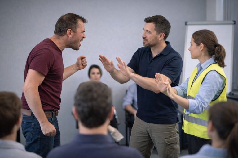 Praktijkgerichte agressietraining met een gespannen gesprekssituatie waarin professionals kalm reageren en de situatie gecontroleerd begrenzen.