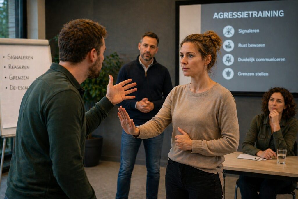 Professionele training waarin een deelnemer rustig reageert op een confronterende situatie in een werkomgeving