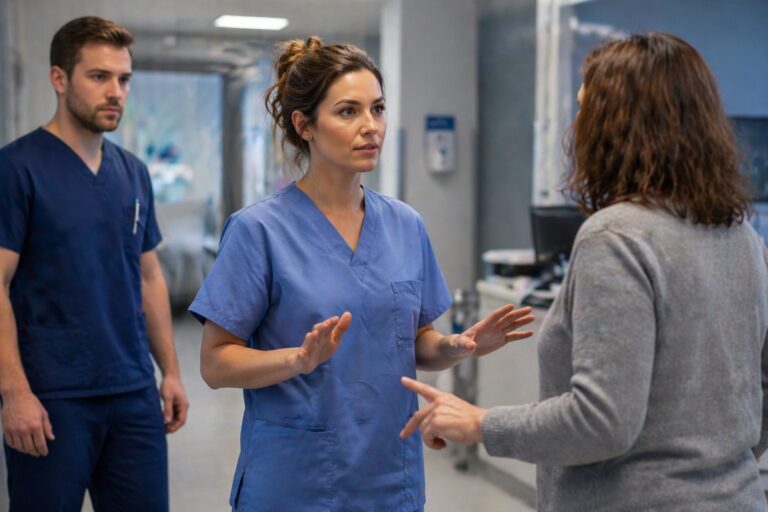 Zorgmedewerker die rustig een gespannen gesprek voert met een patiënt in een ziekenhuisgang terwijl collega ondersteuning biedt