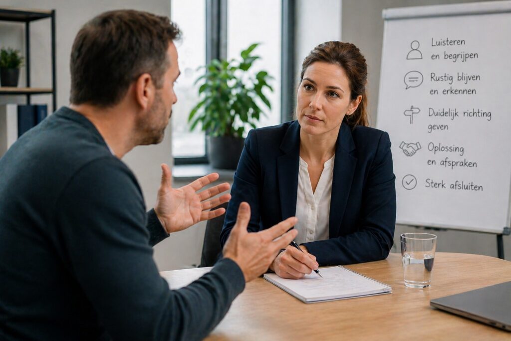 Professioneel gesprek tussen medewerker en klant tijdens training omgaan met lastige klanten