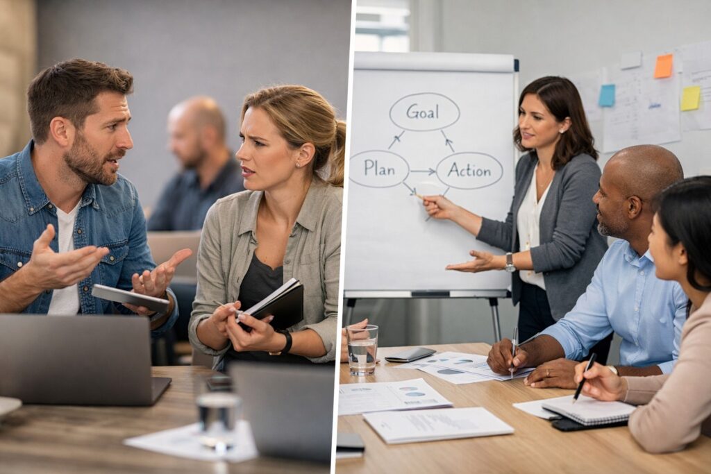 Professionals in overleg tijdens een communicatietraining, waarbij duidelijke uitleg, actief luisteren en gestructureerde samenwerking centraal staan.