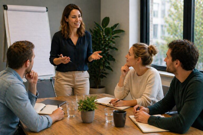 Trainer die een team begeleidt tijdens een feedbacksessie in een moderne vergaderruimte