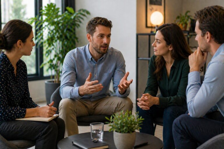 Kleine groep collega’s in gesprek tijdens communicatietraining in een moderne kantooromgeving