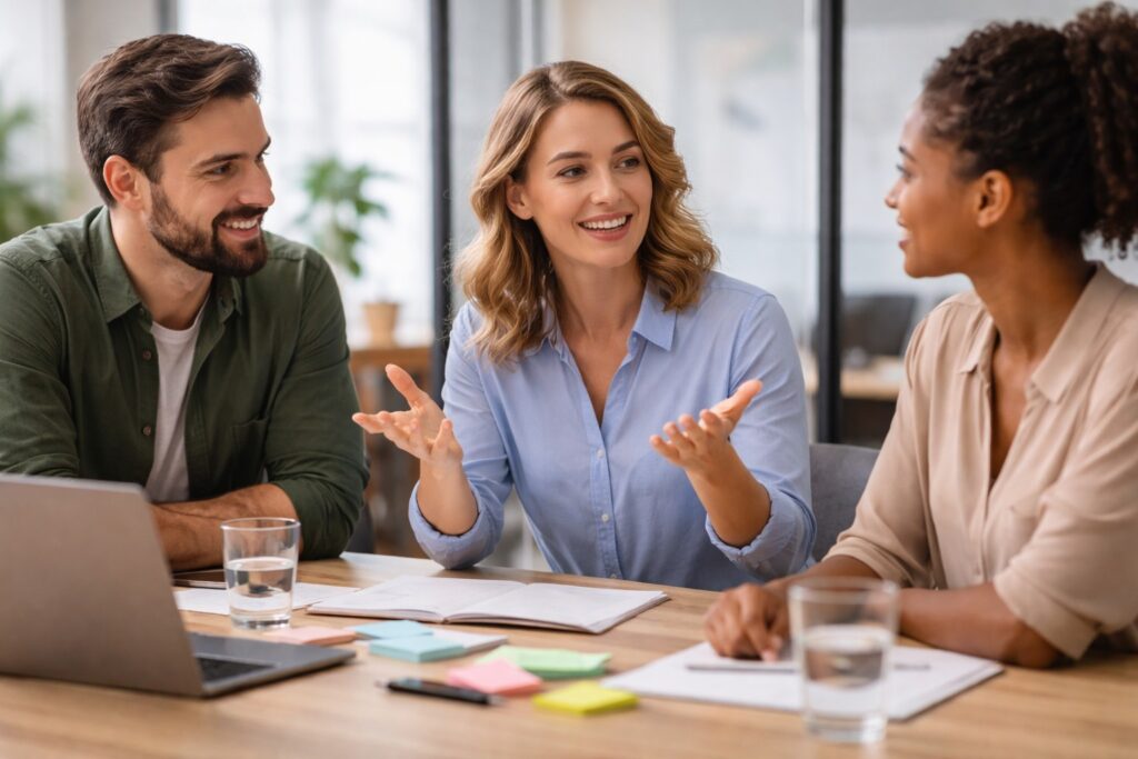 Drie professionals in een moderne kantooromgeving voeren een gesprek, waarbij een vrouw centraal spreekt en de anderen aandachtig luisteren, zonder tekst of herkenbare persoonlijke details.