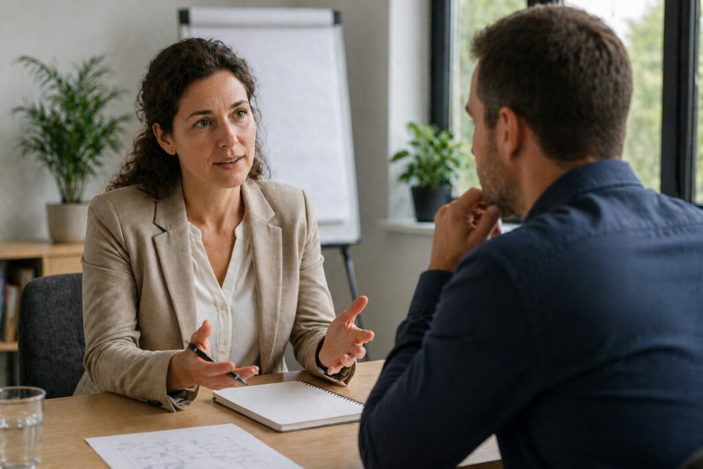 Twee professionals in gesprek aan tafel met open houding en aandachtige communicatie