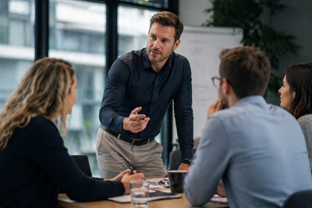 Leidinggevende die tijdens een overleg duidelijk en rustig richting geeft aan teamleden in een moderne kantooromgeving