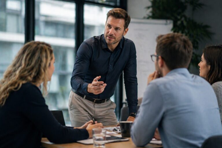 Leidinggevende die tijdens een overleg duidelijk en rustig richting geeft aan teamleden in een moderne kantooromgeving