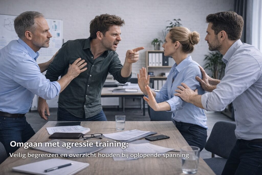 Trainingssituatie waarin meerdere professionals leren omgaan met oplopende spanning en agressie in een kantooromgeving.