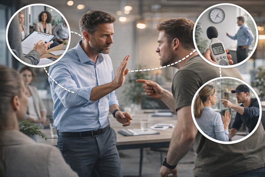 Trainer begeleidt een realistische oefensituatie over omgaan met agressie in een professionele werkomgeving.