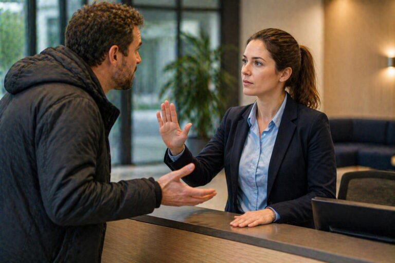 Professional die rustig en duidelijk reageert op een gespannen gesprekssituatie in een moderne werkomgeving