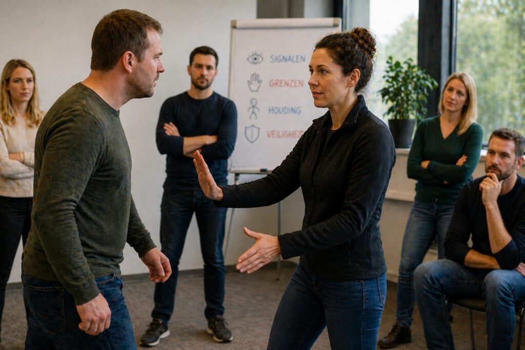 Training omgaan met agressie waarbij professional rustig grenzen stelt tegenover confronterende situatie