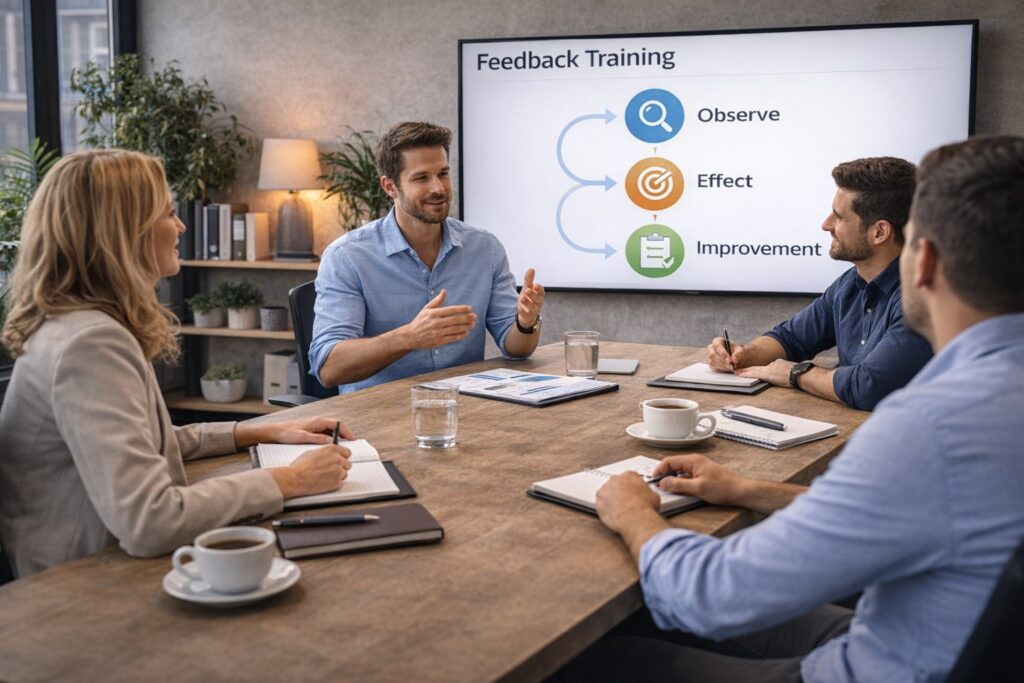 Team volgt training feedback geven en ontvangen in professionele werkomgeving