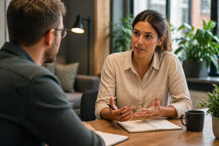 Twee collega’s in gesprek aan tafel tijdens een open en constructieve feedbacksessie op kantoor
