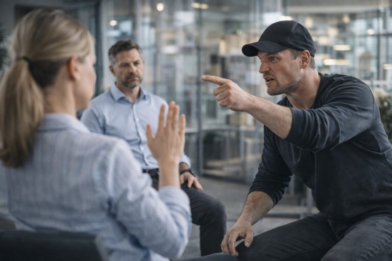 Trainingsacteur oefent een realistische conflictsituatie met deelnemer tijdens een professionele training.