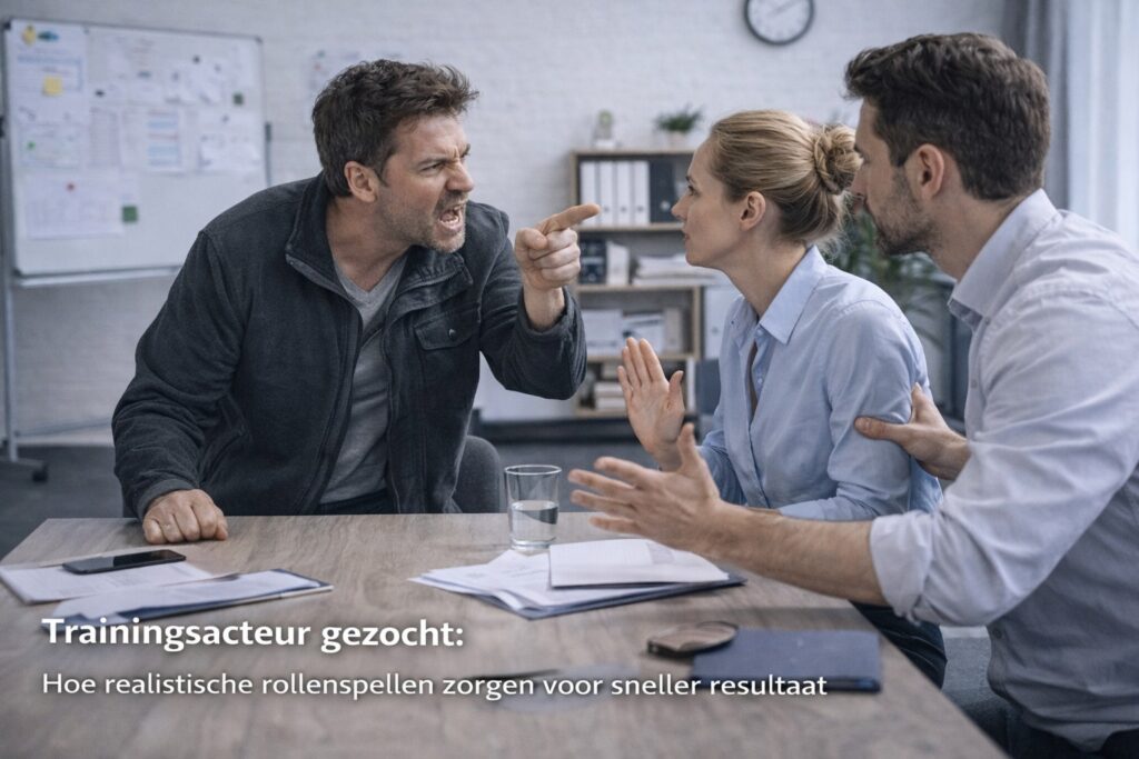 Realistisch trainingsmoment waarin professionals oefenen met een lastige gesprekssituatie aan tafel in een zakelijke omgeving.