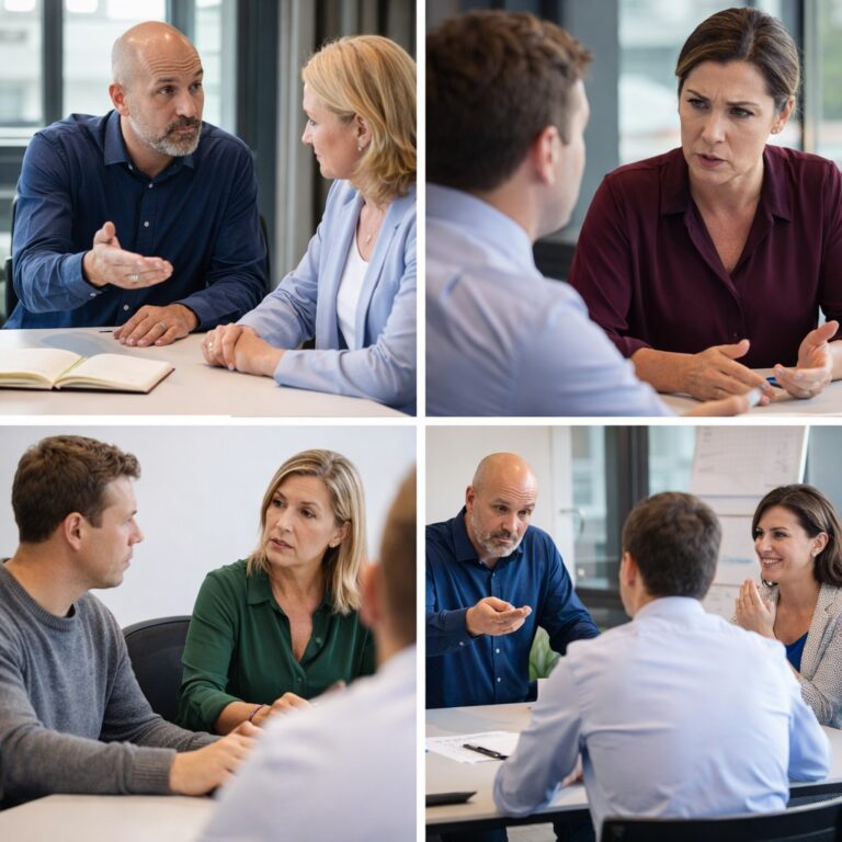 Collage van vier realistische trainingsgesprekken tussen professionals in een zakelijke kantooromgeving.