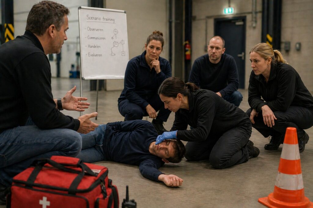 Veiligheidstraining met scenario oefening waarbij team eerste hulp verleent aan collega