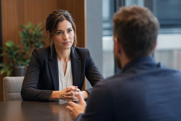 Professioneel gesprek in kantoor waarbij een vrouw rustig en zelfverzekerd luistert tijdens een lastig overleg