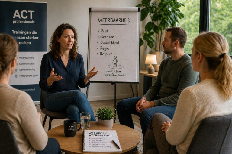 Groep deelnemers in weerbaarheidstraining in gesprek met trainer in lichte ruimte