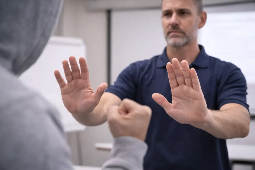 Trainer gebruikt open handgebaren om een gespannen situatie vroeg te de-escaleren tijdens agressietraining