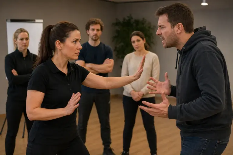 De-escalatietraining waarin een professional kalm een agressieve persoon begrenst tijdens een praktijksituatie