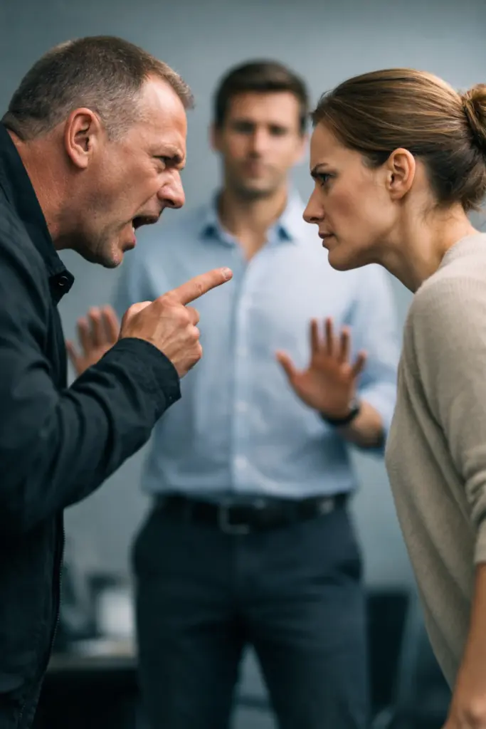 Escalerende discussie op de werkvloer waarbij een medewerker agressief reageert terwijl een collega probeert te bemiddelen