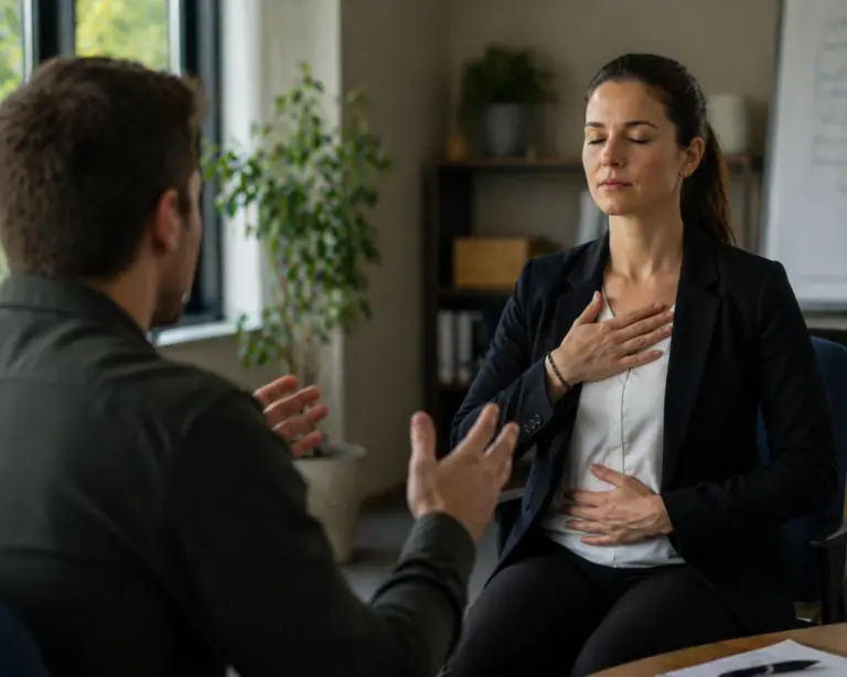 Professional past ademhalingstechniek toe om emoties te reguleren tijdens een gespannen gesprek