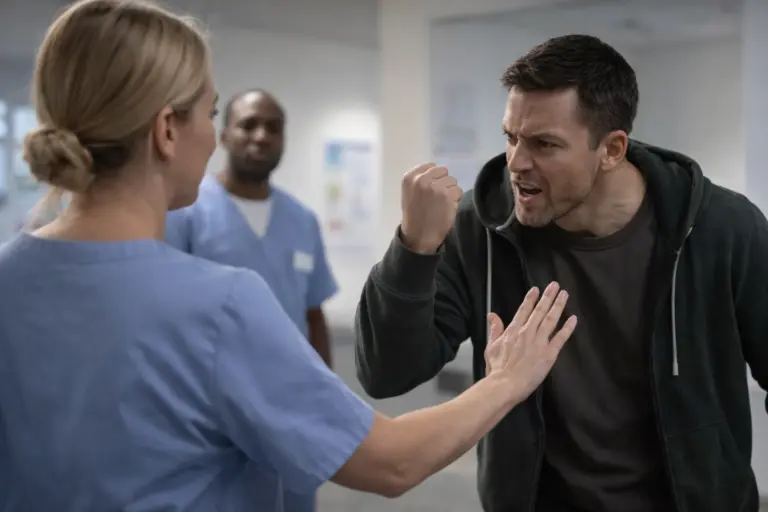 Zorgmedewerker die een gespannen patiënt rustig benadert en probeert te de-escaleren met open houding en gebaar