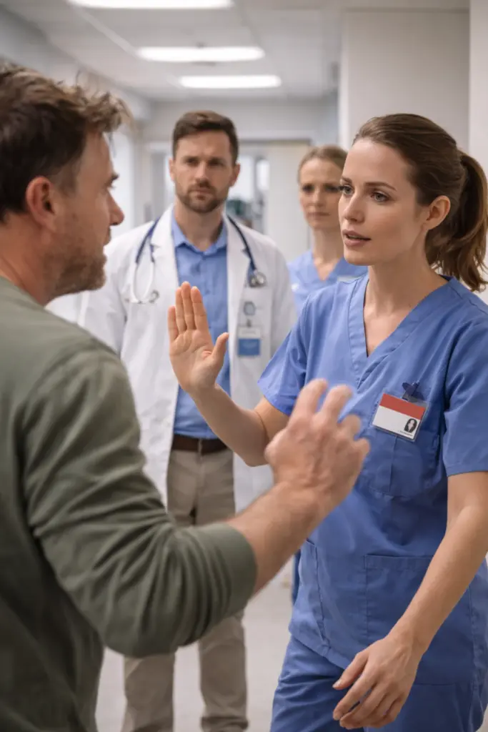 Zorgmedewerker past de-escalatie toe bij een gespannen situatie met een patiënt