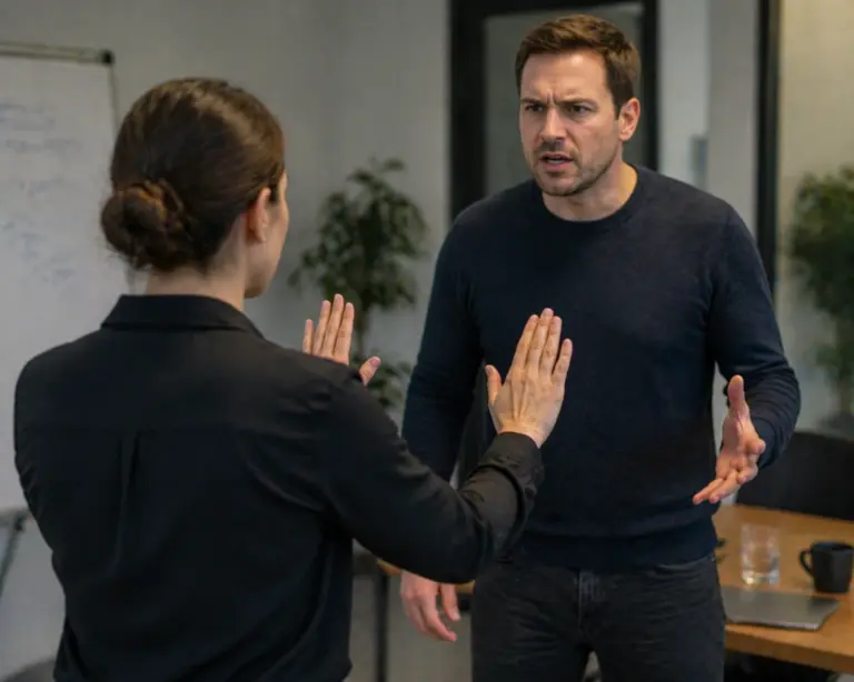 Professional gebruikt kalme houding en open handgebaren om gespannen gesprek te de-escaleren