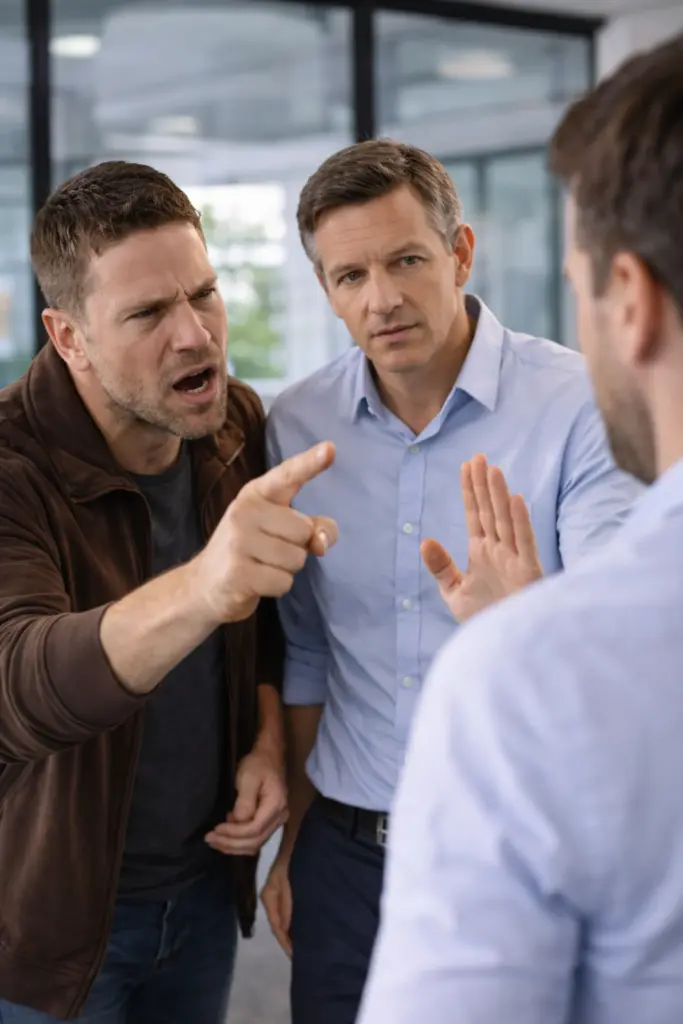 Professionele de-escalatie tijdens een gespannen gesprek waarbij een medewerker rustig reageert op agressief gedrag