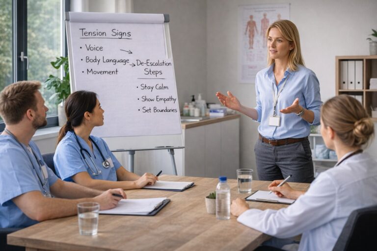 Healthcare professionals in a training session observing a de-escalation demonstration, with a trainer explaining body language and calm communication.