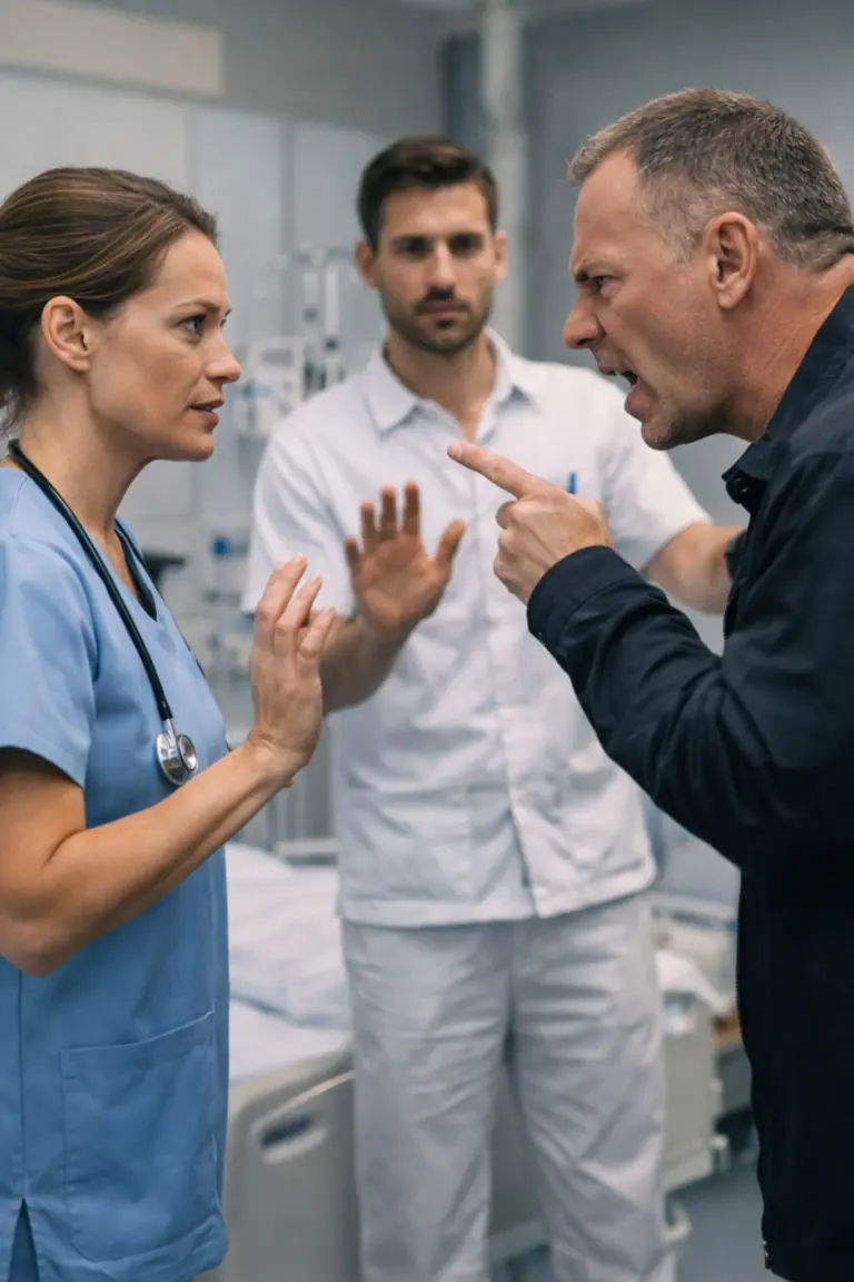 Zorgmedewerker blijft rustig terwijl een boze patiënt agressief reageert en een collega ondersteunt op de achtergrondSpannende situatie in de zorg waarin een medewerker de-escalerend reageert op agressief gedrag van een patiënt