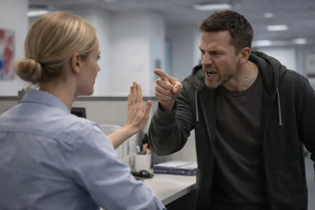 Klantenservicemedewerker die rustig reageert op een boze klant en de situatie probeert te begrenzen