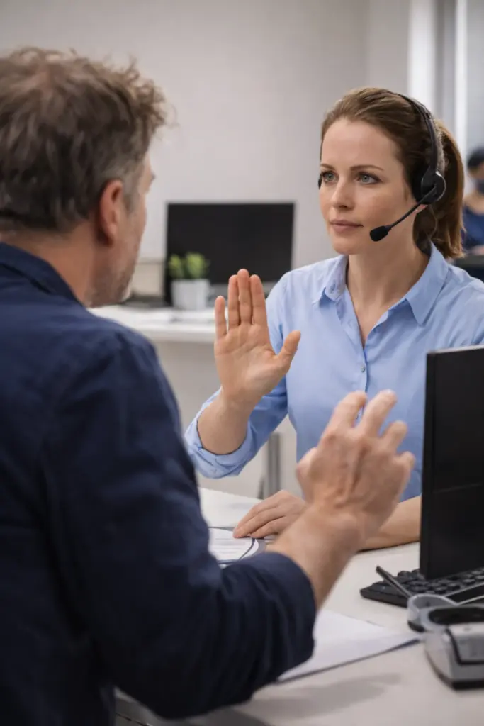 Medewerker stelt rustig grenzen tijdens een gesprek met een lastige klant