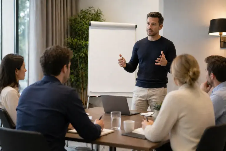 Trainer die een effectief communiceren training geeft aan een klein team in een moderne vergaderruimte