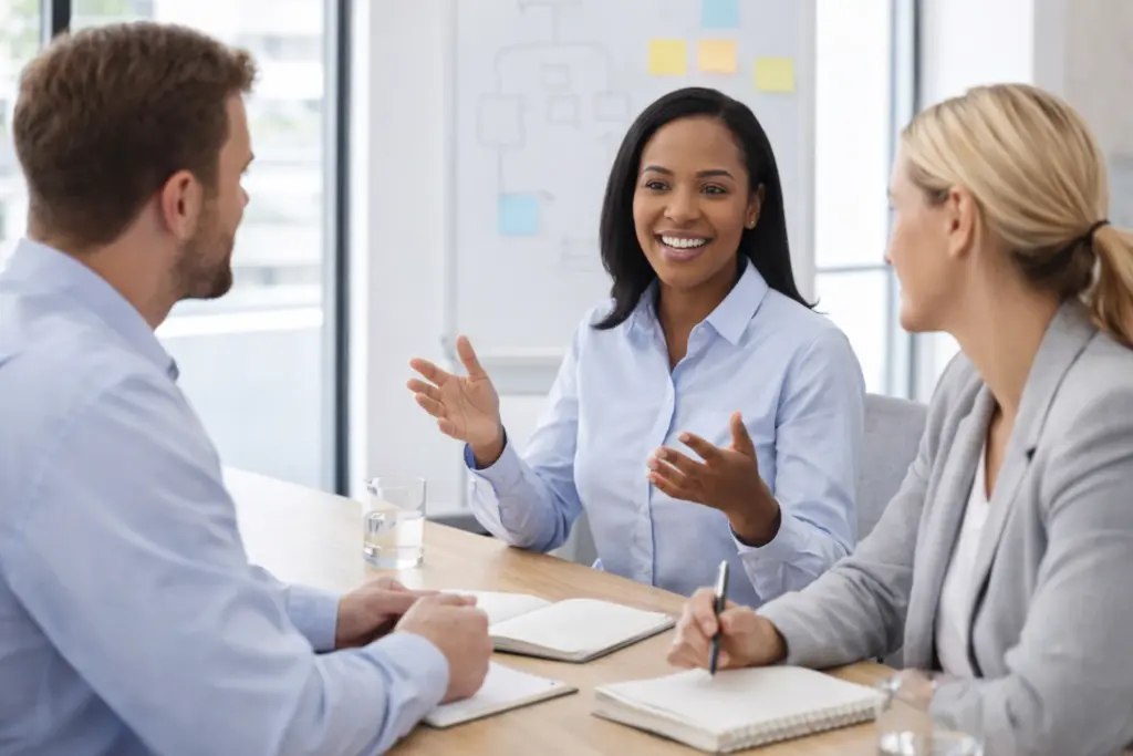 Drie collega’s in een lichte kantoorruimte in gesprek tijdens een communicatietraining, waarbij één persoon uitlegt en de anderen actief luisteren en notities maken.