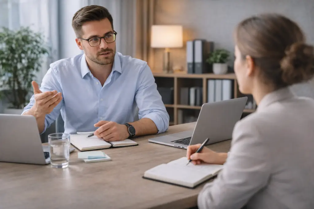 Twee professionals voeren een rustig en constructief feedbackgesprek in een moderne kantoorruimte