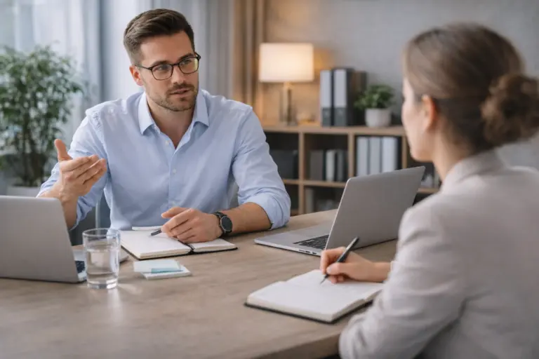 Twee professionals voeren een rustig en constructief feedbackgesprek in een moderne kantoorruimte