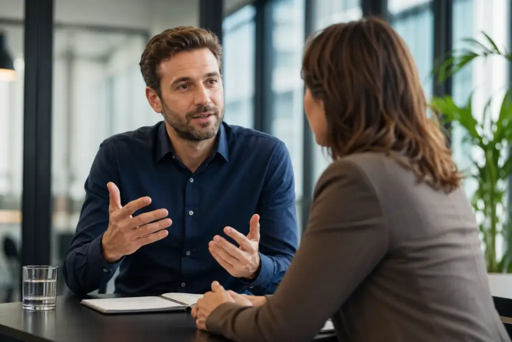 Twee collega’s in een modern kantoor voeren een open gesprek, waarbij één persoon rustig feedback geeft en de ander aandachtig luistert.