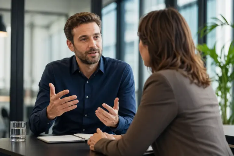 Twee collega’s in een modern kantoor voeren een open gesprek, waarbij één persoon rustig feedback geeft en de ander aandachtig luistert.