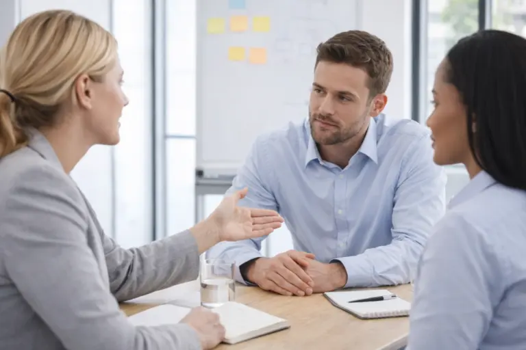 Drie collega’s in een kantooromgeving tijdens een feedbackgesprek, waarbij één persoon uitleg geeft en de anderen aandachtig luisteren.