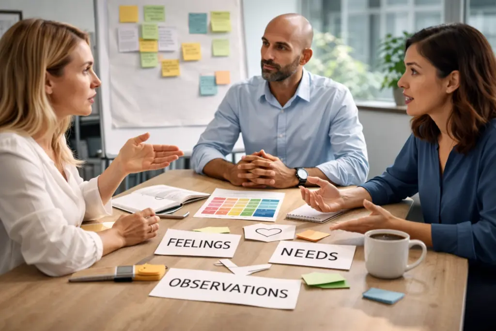 Drie professionals in gesprek tijdens een training in geweldloze communicatie