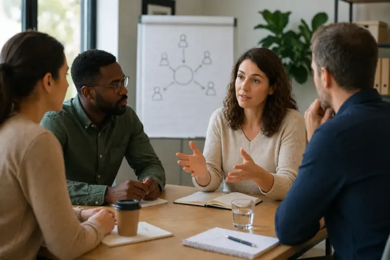Professionele teamvergadering waarin vier collega’s rustig en aandachtig met elkaar in gesprek zijn in een moderne kantoorruimte