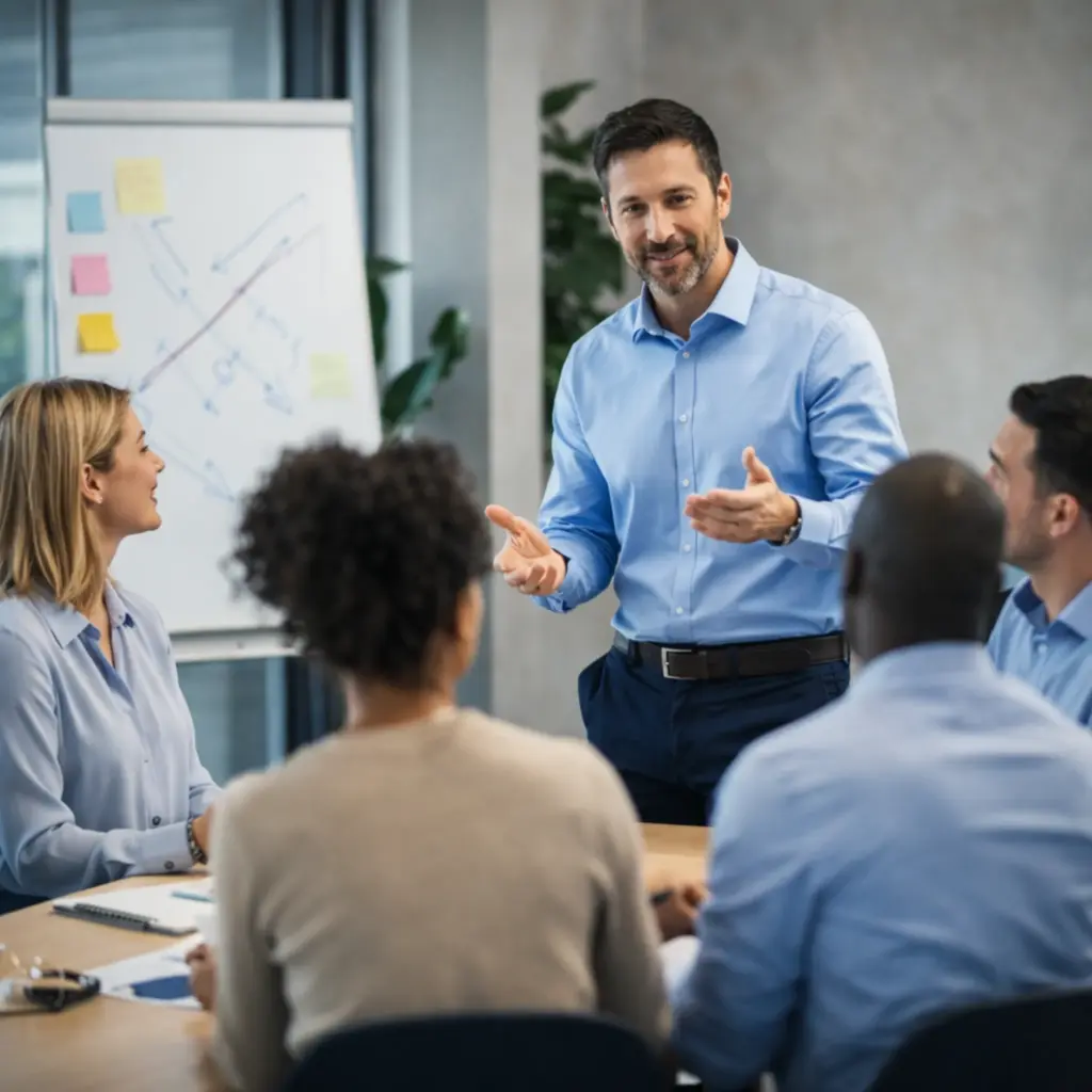 Leidinggevende bespreekt strategie met team tijdens leiderschapstraining in moderne kantoorruimte